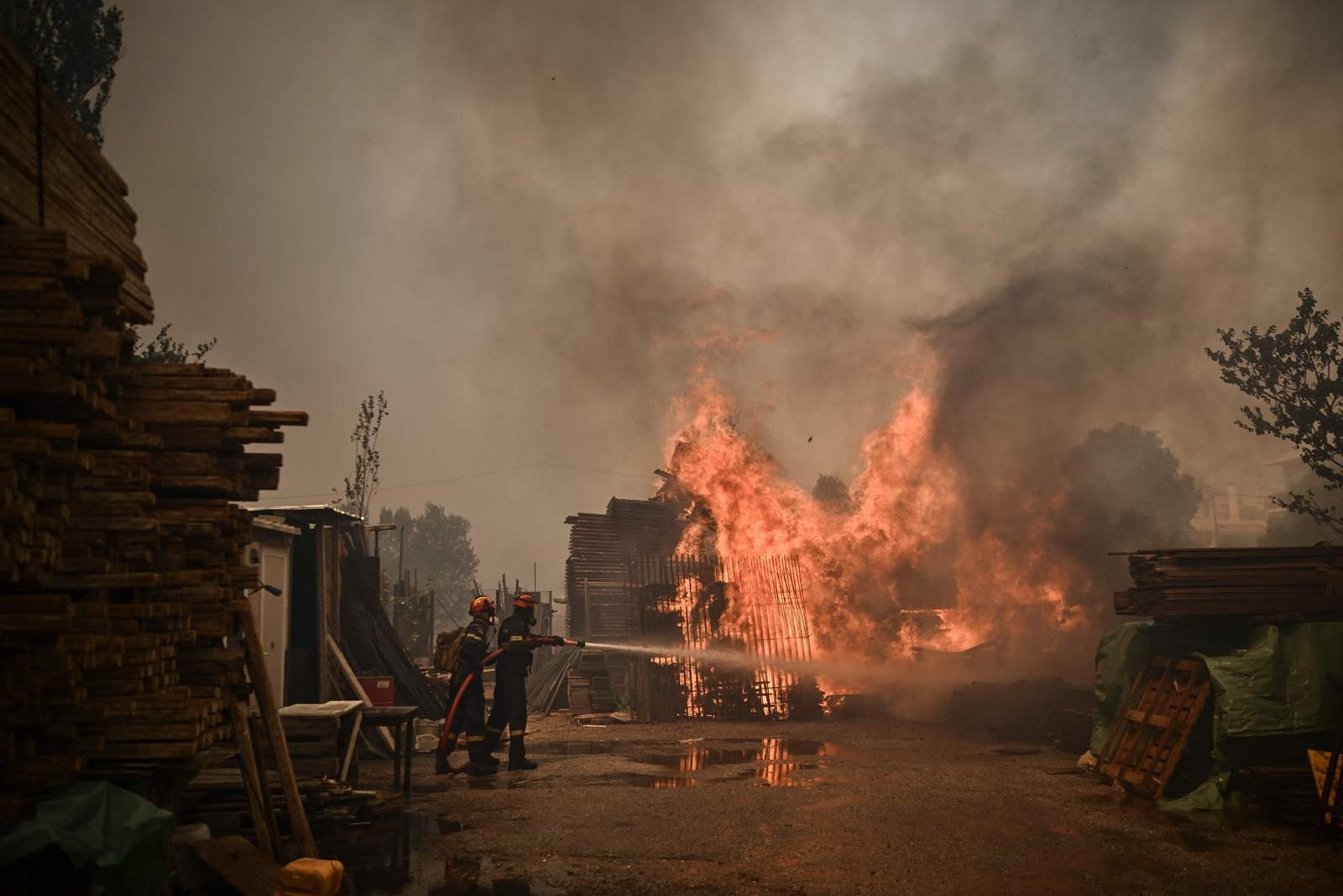 Bombeiros combatem incêndio florestal em Chasia, nos arredores de Atenas — Foto: Angelos Tzortzinis/AFP