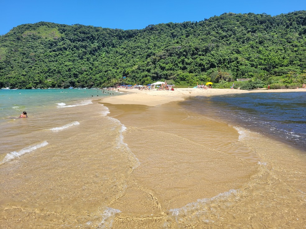 À esquerda, a água do mar, à direita, a do rio: cenário comum na Praia de Paraty-Mirim, em Paraty, na Costa Verde fluminense — Foto: Eduardo Maia
