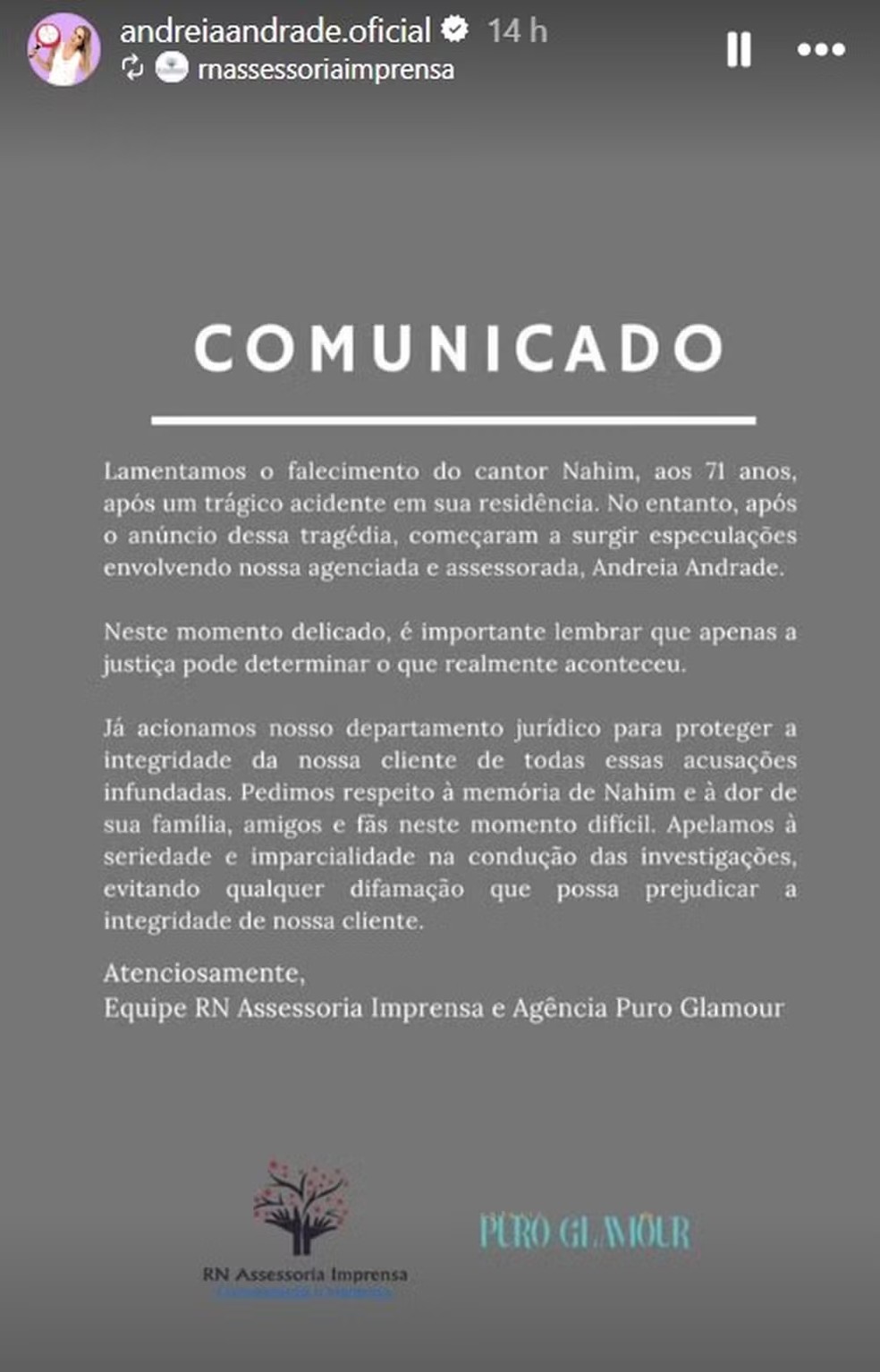 Comunicado da assessoria de Andreia de Andrade — Foto: Reprodução Instagram