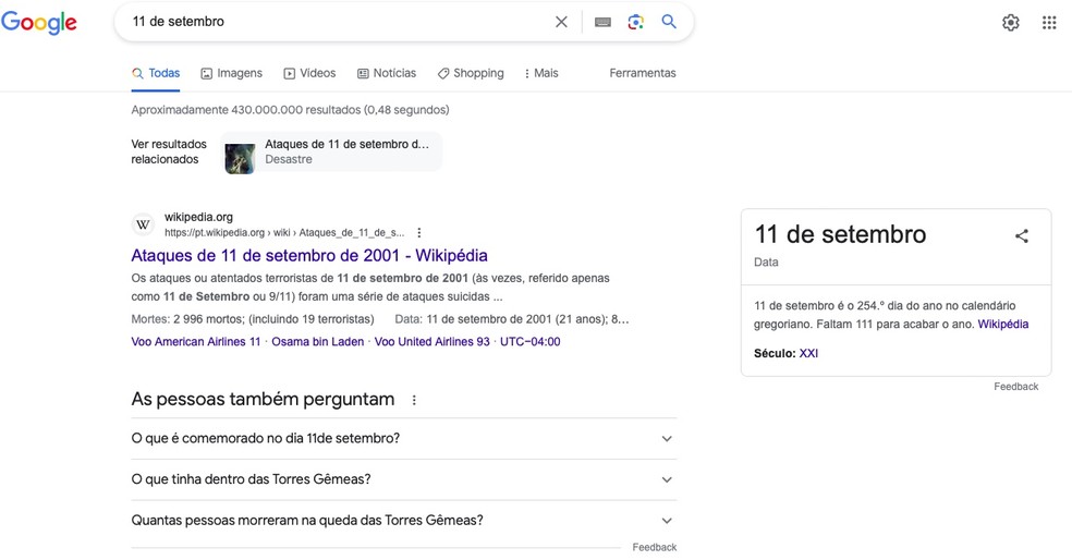 A mesma pesquisa sobre o 11 de Setembro feita no Google — Foto: Captura de tela