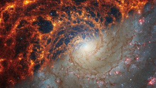 Comparação entre imagens captadas pelo James Webb (diagonal acima) e Hubble (abaixo) — Foto: Nasa