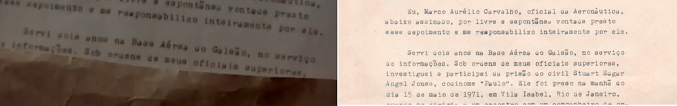 À esquerda, frame do filme "Zuzu Angel"; à direita, documento encontrado na Praça XV com suposta confissão de militar sobre o assassinato de Stuart Angel — Foto: Reprodução YouTube/ Reprodução site Alberto Lopes Leiloeiro