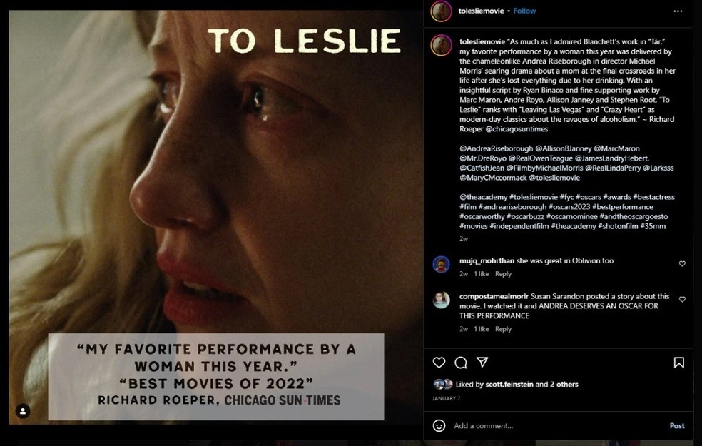 Post no Instagram de "To Leslie" — Foto: Reprodução