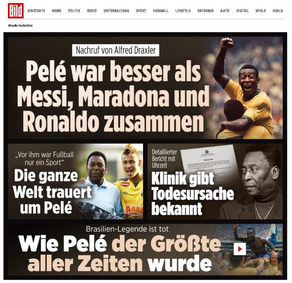 No Bild, da Alemanha: 'Pelé foi maior que Messi, Maradona e Ronaldo juntos' — Foto: Reprodução