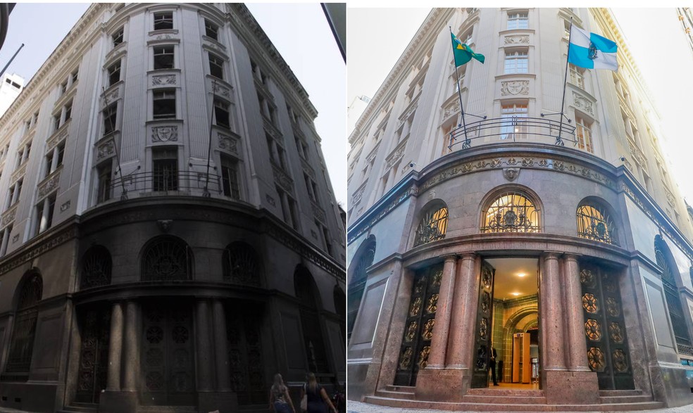 Imagens do edifício antes e depois da reforma — Foto: Infoglobo