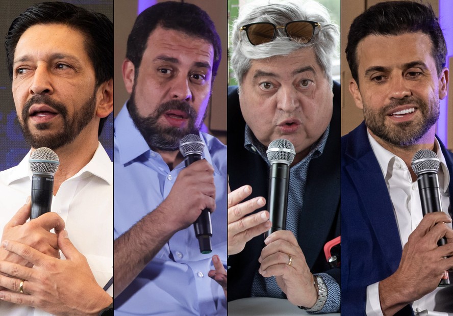 Da esquerda para a direita: Ricardo Nunes, Guilherme Boulos, Datena, Pablo Marçal e Tabata Amaral