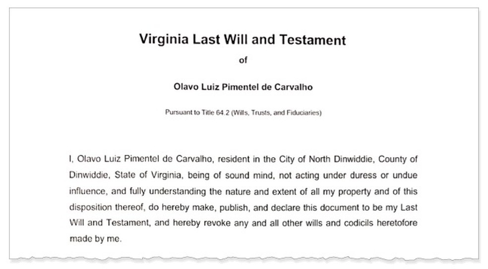 Documento foi firmado diante da Justiça do estado da Virginia, nos Estados Unidos — Foto: Reprodução