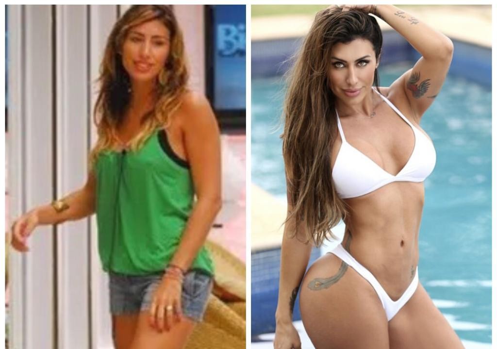 Jaque Khury, do "BBB" 8, tornou-se fisiculturista depois do programa. Hoje é apresentadora, palestrante e atriz, além de influencer fitness. Ela passou por programas como "Pânico" e "Legendários" e fez diversos procedimentos estéticos— Foto: Reprodução