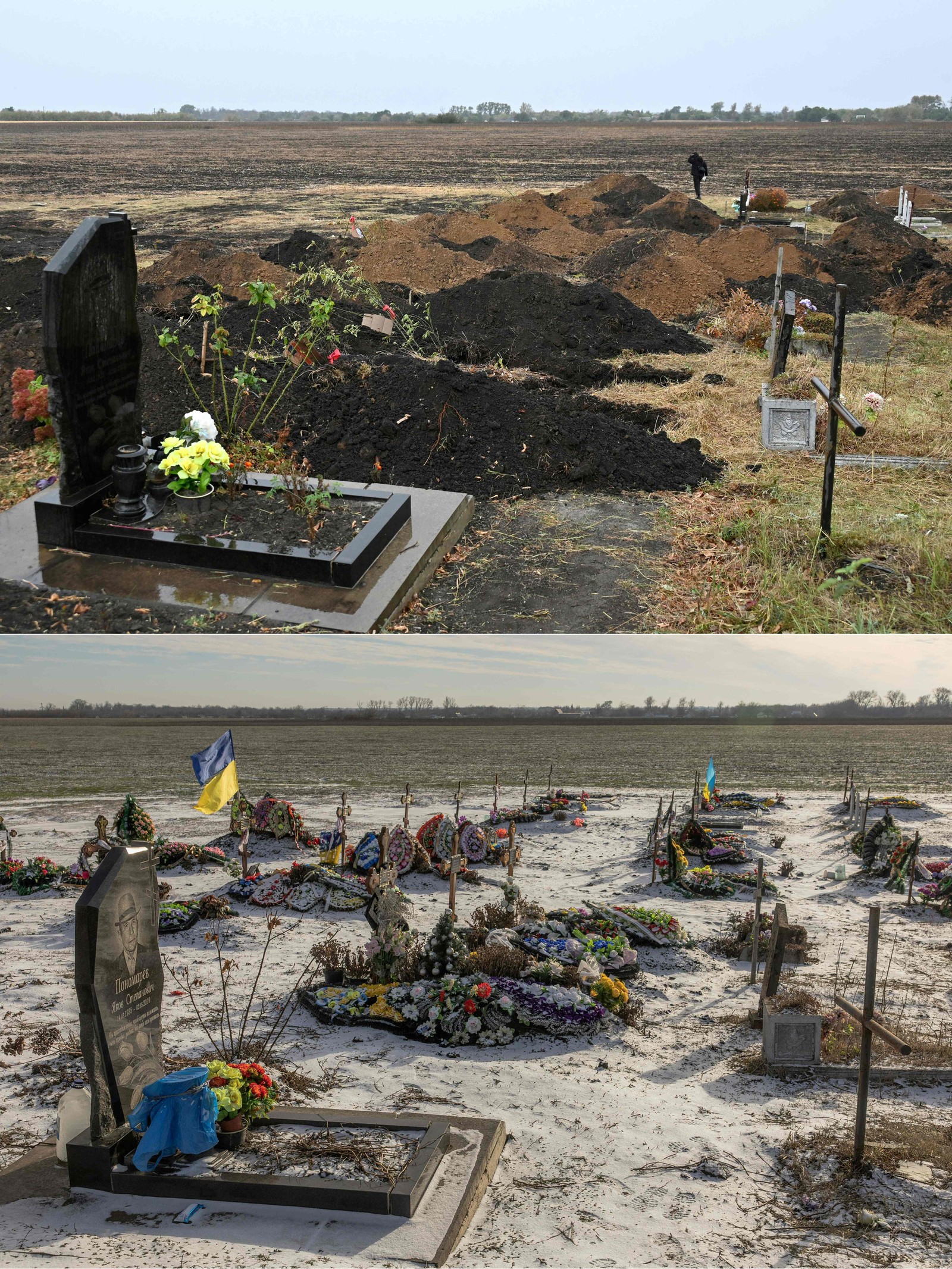 07/10/2023: Acima, túmulos recém cavados, dois dias antes de um bombardeio russo matar cerca de 50 pessoas. 23/01/2024: Abaixo, o mesmo cemitério. — Foto: SERGEY BOBOK and Roman PILIPEY / AFP