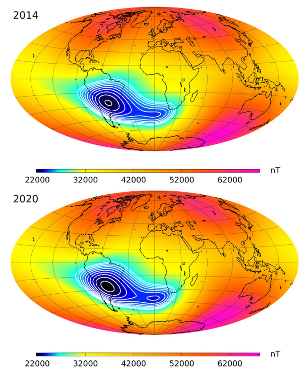 Crescimento da Anomalia do Atlântico Sul (AAS). — Foto: Reprodução / Revista científica Earth, Planets and Space