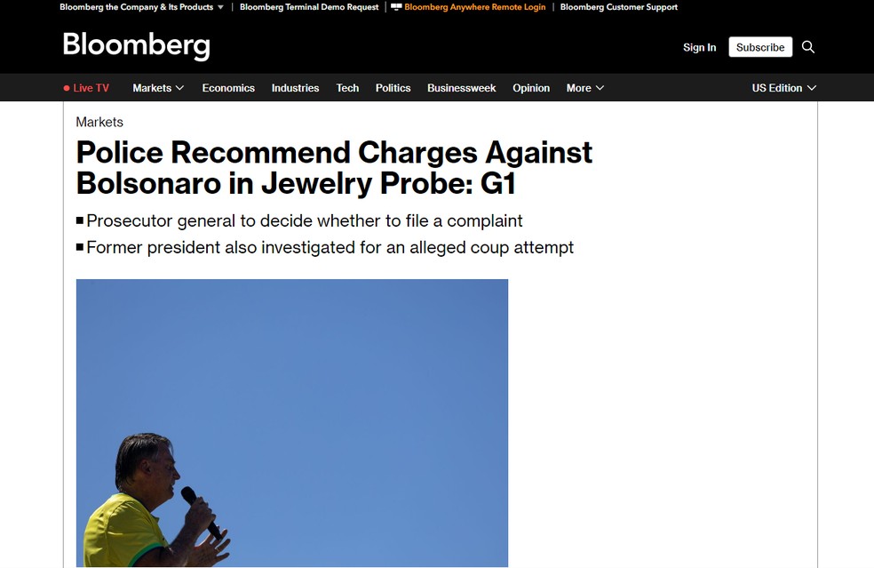 Blooberg repercute indiciamento do ex-presidente Jair Bolsonaro — Foto: Reprodução
