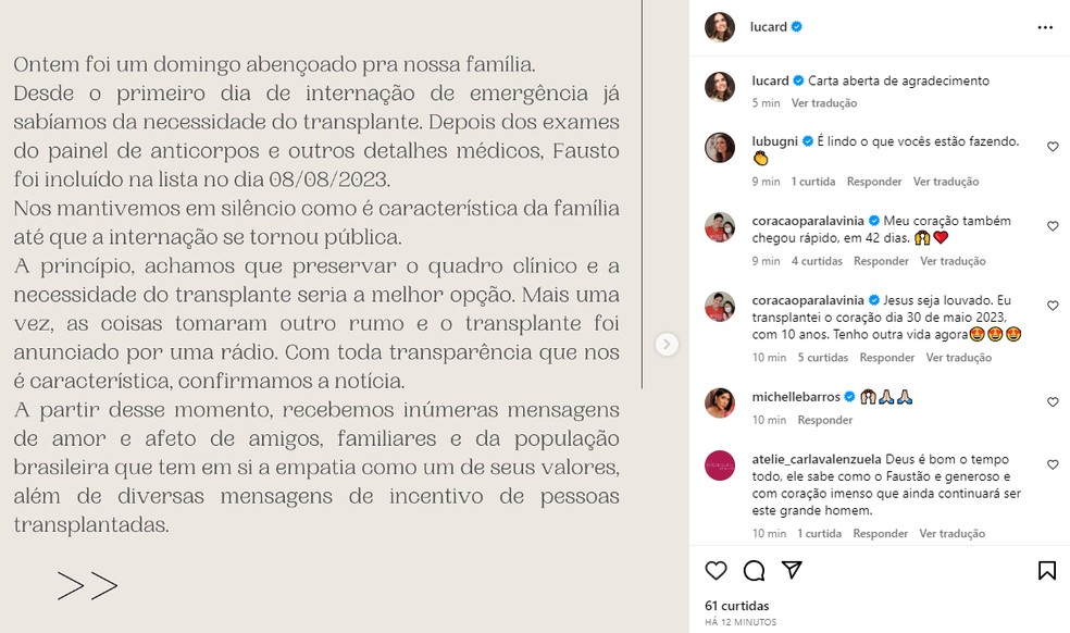 Postagem de Luciana Cardoso no Instagram após transplante de coração de Faustão — Foto: Reprodução
