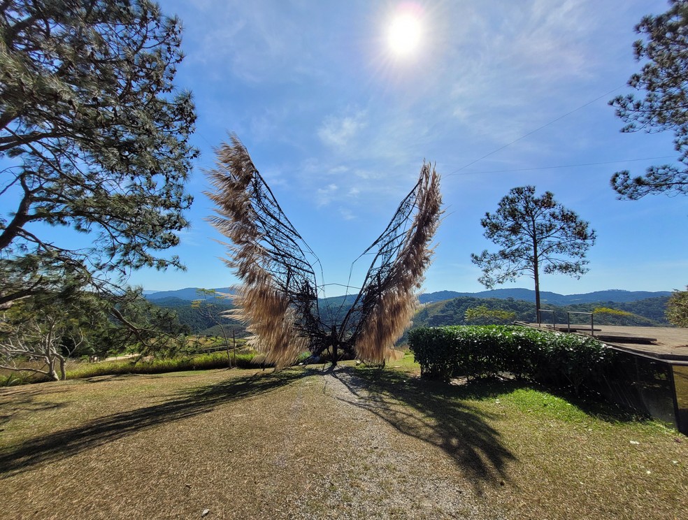 A instalação que reproduz um par de asas é o ponto mais fotografado do Uaná Etê, jardim botânico e artístico em Engenheiro Paulo de Frontin, no Vale do Café — Foto: Eduardo Maia