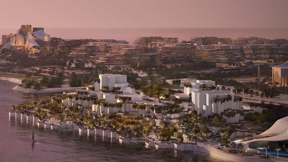 A arte mostra como será o Museu Nacional de História Natural de Abu Dhabi, uma das quatro novas atrações que abrirão em 2025 no Distrito Cultural Saadiyat, na capital dos Emirados Árabes Unidos — Foto: Divulgação / Departamento de Cultura e Turismo de Abu Dhabi