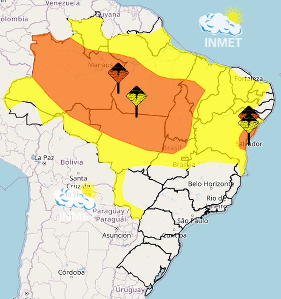 Inmet emite quatro alertas para o final de semana. Dois "Perigo potencial" de chuvas e dois " Perigo" de chuvas intensas — Foto: Reprodução