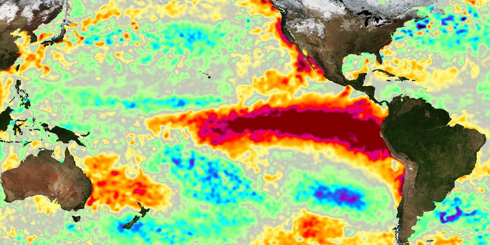 Mapa de anomalia de aquecimento no Oceano Pacífico que caracterizou o efeito El Niño de 1997/98, um dos mais fortes já registrados — Foto: Nasa