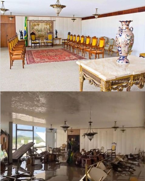Salão Nobre em Brasília, antes e depois do ataque de terroristas — Foto: Reprodução