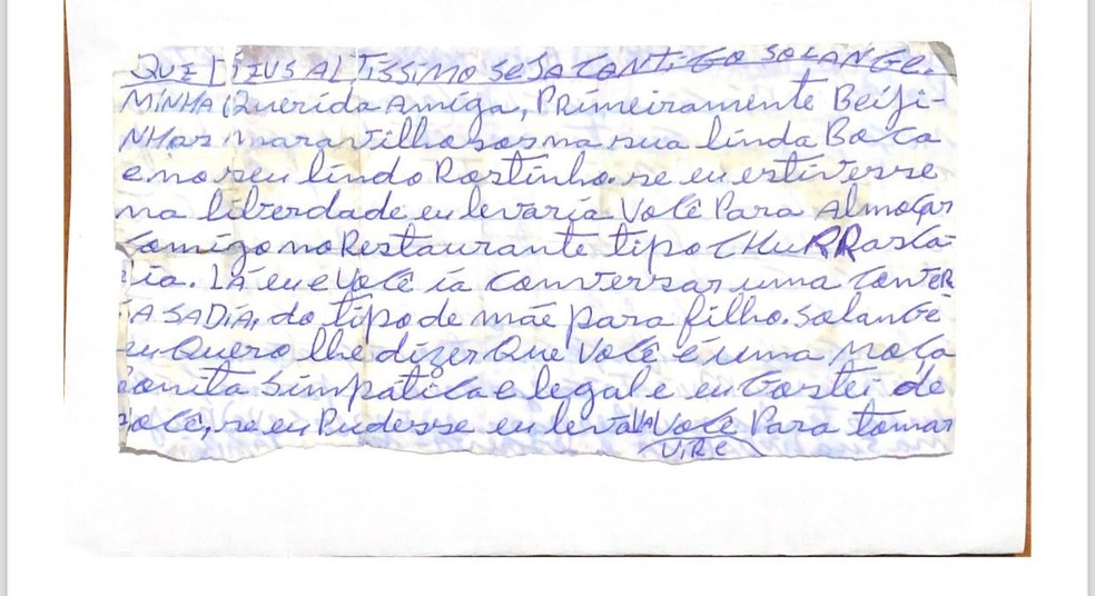 Trecho de carta enviada por Marcelo Costa de Andrade — Foto: Reprodução