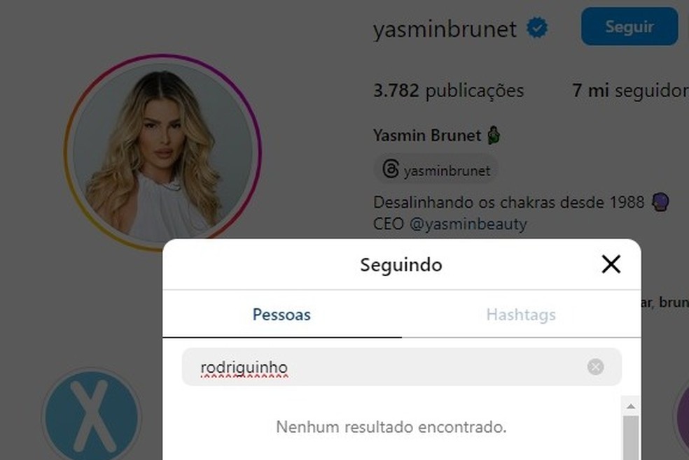 Yasmin Brunet não segue Rodriguinho nas redes após o 'BBB' 24 — Foto: Reprodução/Redes sociais
