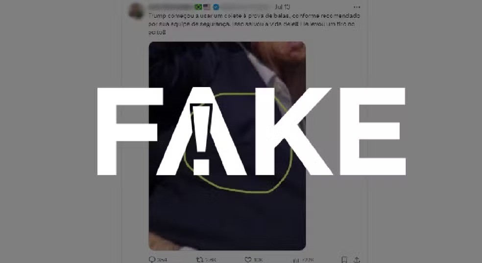 É #FAKE que Donald Trump foi baleado no peito durante comício — Foto: Reprodução