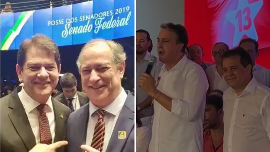 Os irmãos Cid e Ciro Gomes em 2019;  Evandro Leitão, aliado de Cid, se filia ao PT (ao lado do ministro da Educação, Camilo Santana)