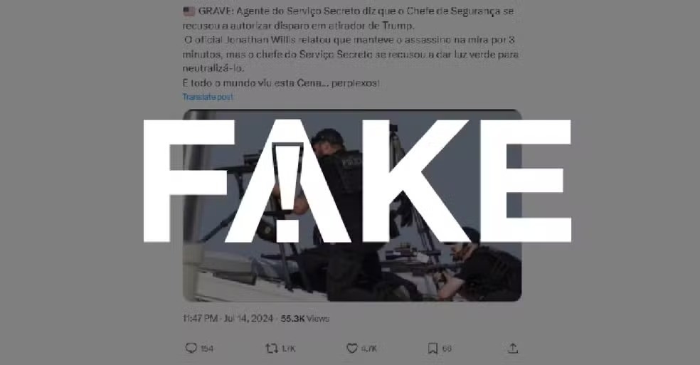 É #FAKE que agente tenha sido impedido de atirar contra homem que cometeu atentado contra Trump — Foto: Reprodução