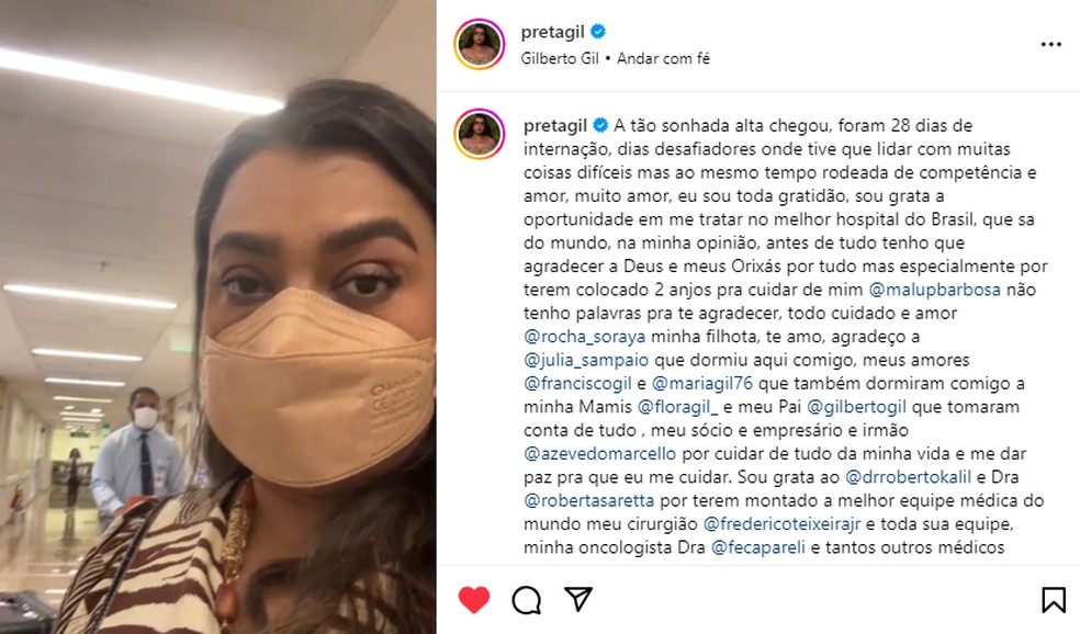 Preta Gil recebe alta médica de hospital — Foto: Reprodução: Instagram