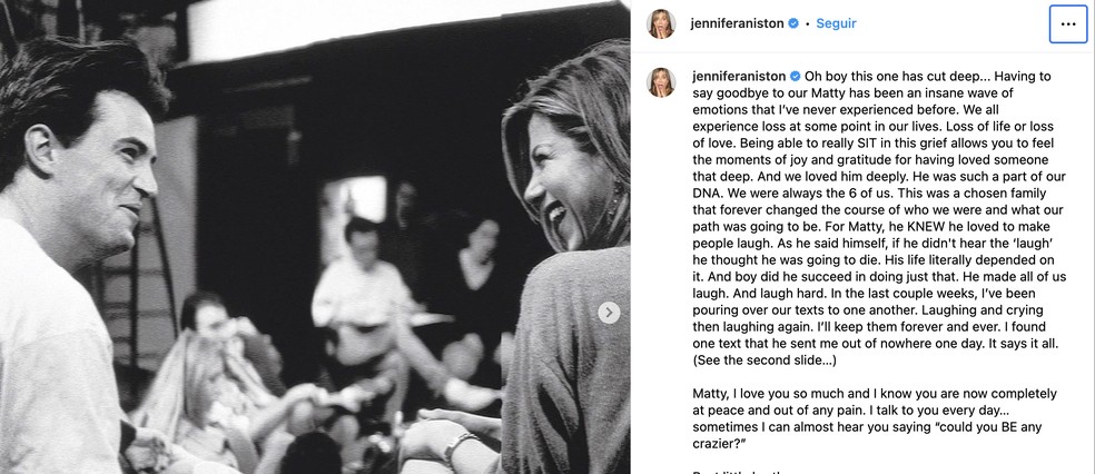 Post no Instagram da atriz Jennifer Aniston sobre o ator Matthew Perry — Foto: Reprodução