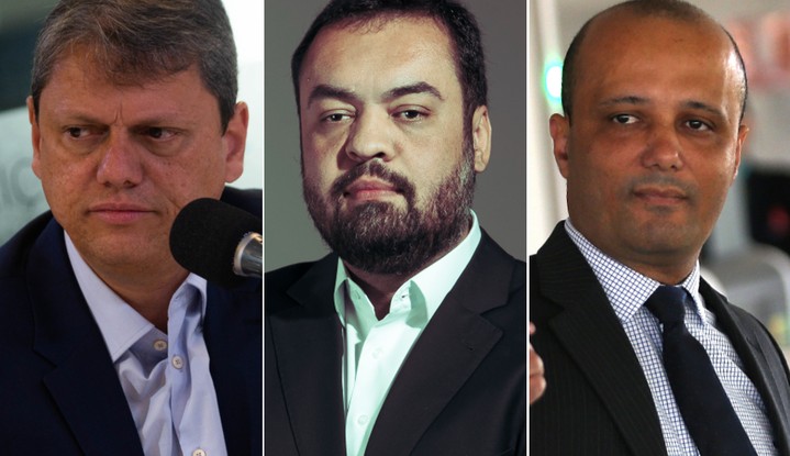 Tarcísio de Freitas (Republicanos), Cláudio Castro (PL) e Major Vitor Hugo (PL), apoiados por Bolsonaro