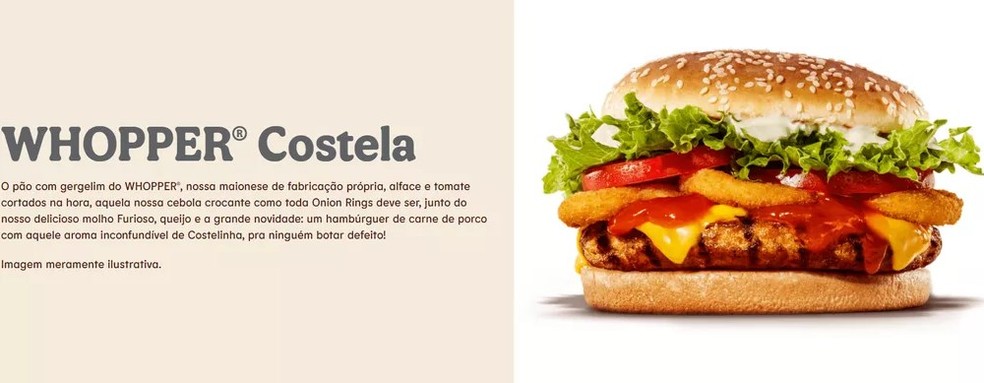 Whopper Costela é descrito na página do Burger King como um sanduíche feito com "hambúrguer de carne de porco com aquele aroma inconfundível de Costelinha". Reprodução — Foto:         