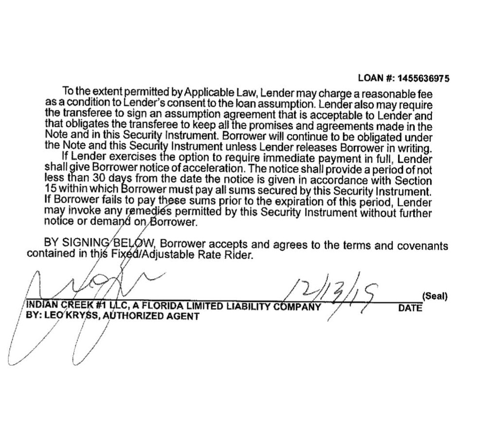 Documento assinado por Leo Kryss em nome da Indian Creek #1 LLC — Foto: Reprodução