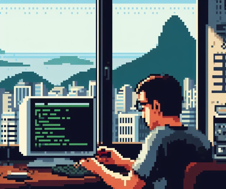 Ilustração criada por inteligência artificial mostra programador trabalhando em prédio no Rio de Janeiro