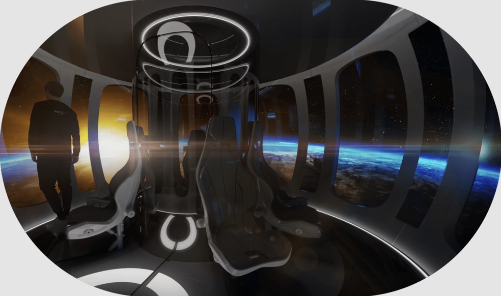 Arte de como será o interior da cápsula "Aurora", da empresa espanhola Halo Space — Foto: Divulgação/Halo Space