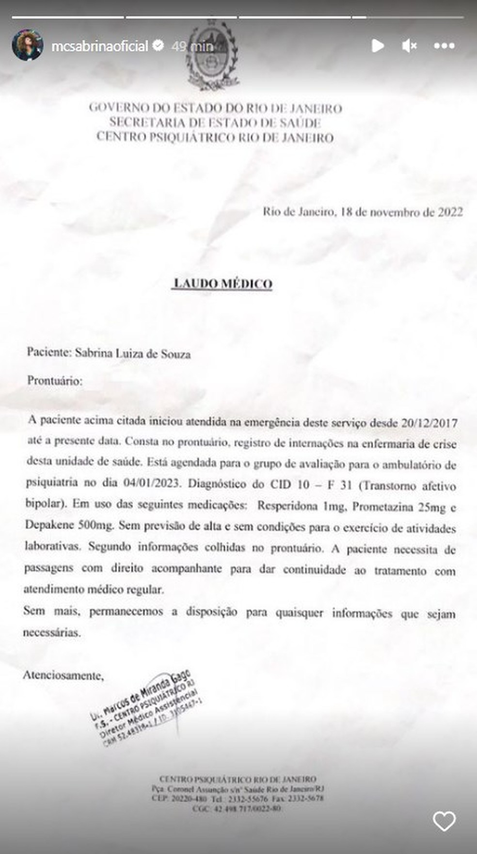 Perfil de MC Sabrina divulga laudo médico mostrando que ela foi atendida em centro psiquiátrico — Foto: Reprodução/Instagram