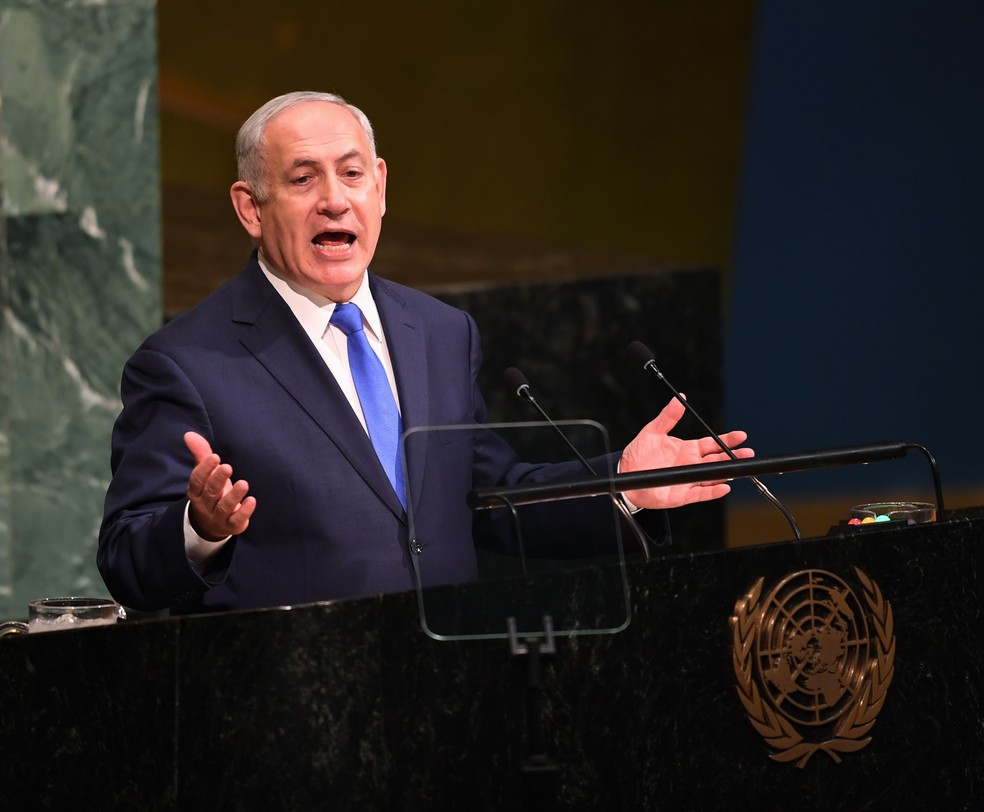 Benjamin Netanyahu, primeiro-ministro de Israel, durante discurso na Assembleia-Geral da ONU — Foto: DON EMMERT / AFP