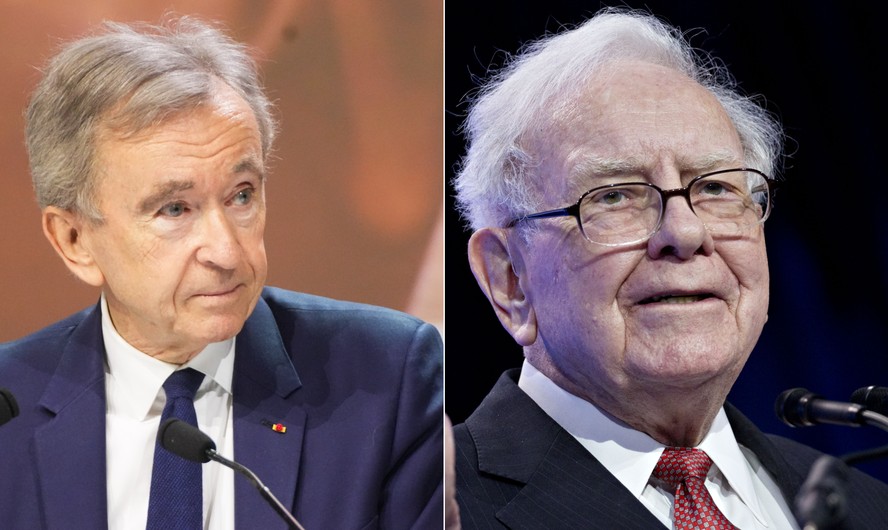 Warren Buffet (à direira na montagem) disse a Bernard Arnault que 80 anos é cedo para se aposentar