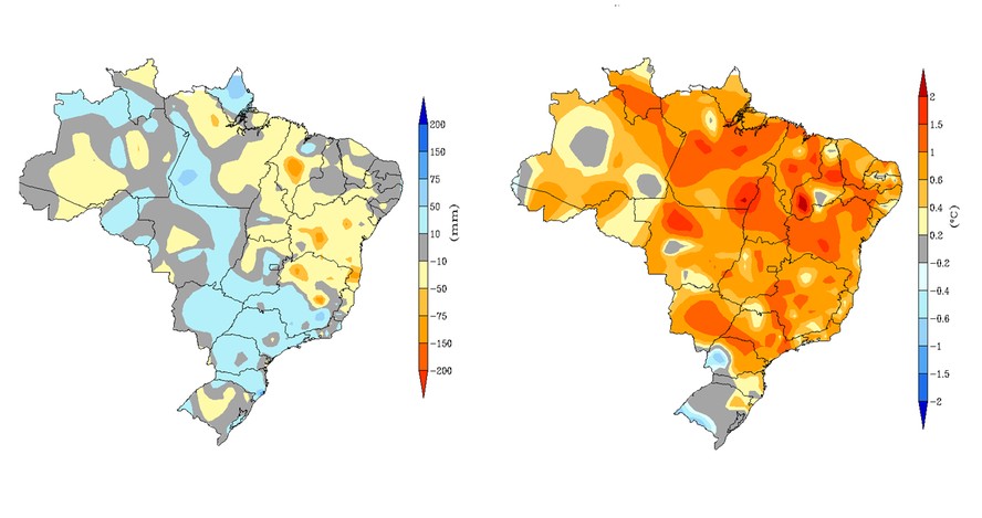 Mapa com previsão de variações de chuva (esq.) e temperatura (dir.) para dezembro de 2023