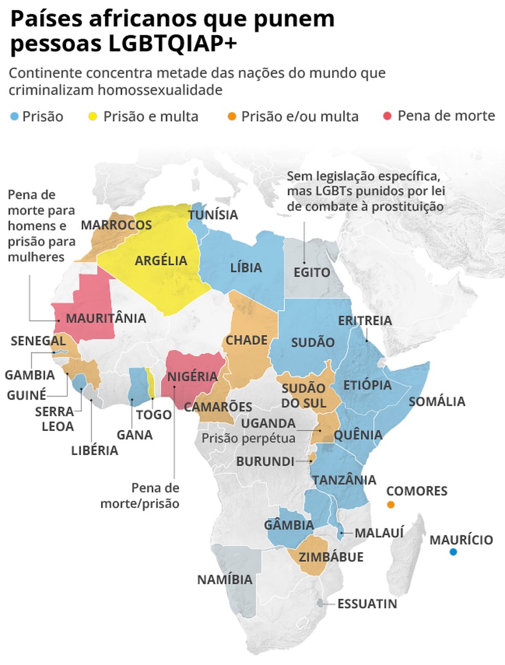 Trinta e dois países africanos punem pessoas LGBTQIAP+ — Foto: Arte O Globo