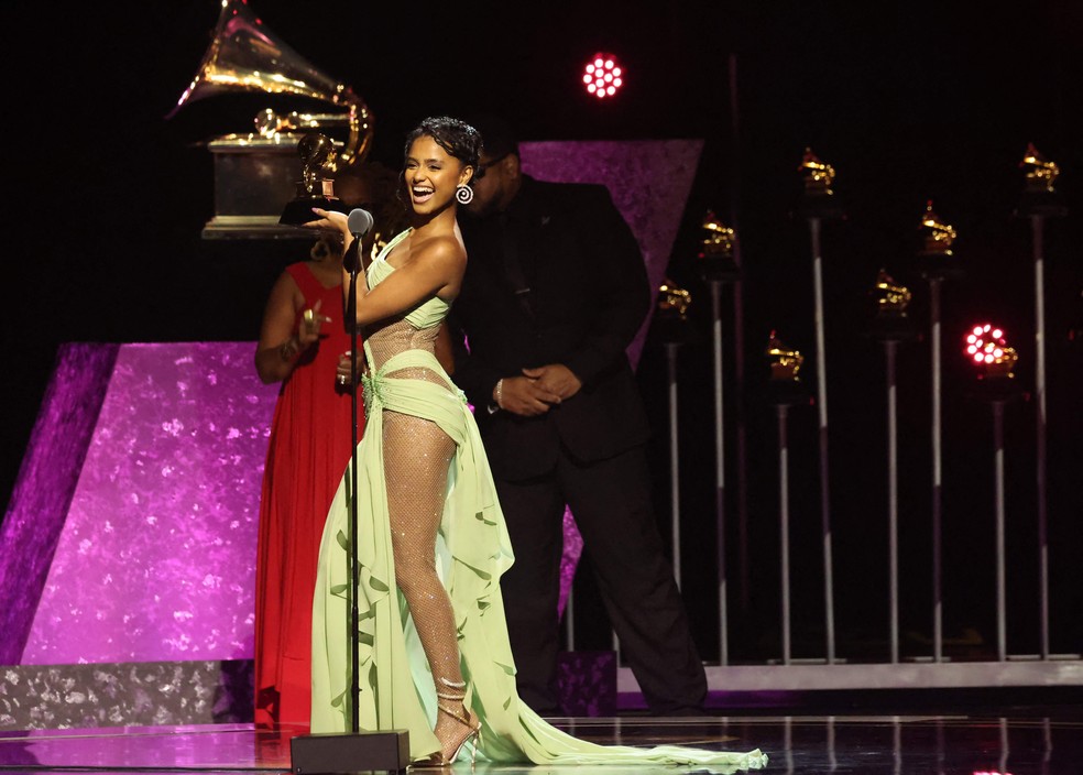 Tyla no Grammy 2024 — Foto: AMY SUSSMAN/AFP