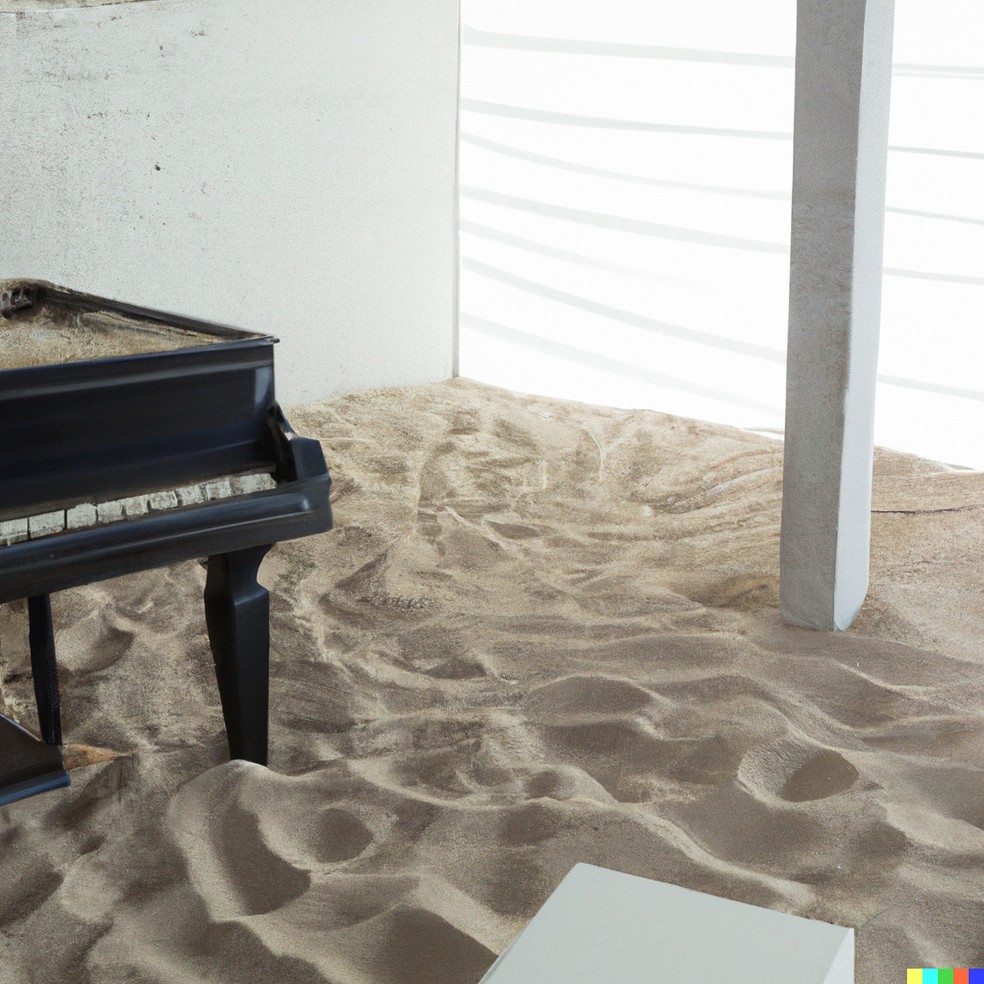 O DALL-E, inteligência artificial, criou uma sala chei ade areia com um piano atendendo a um comando NYT — Foto:         