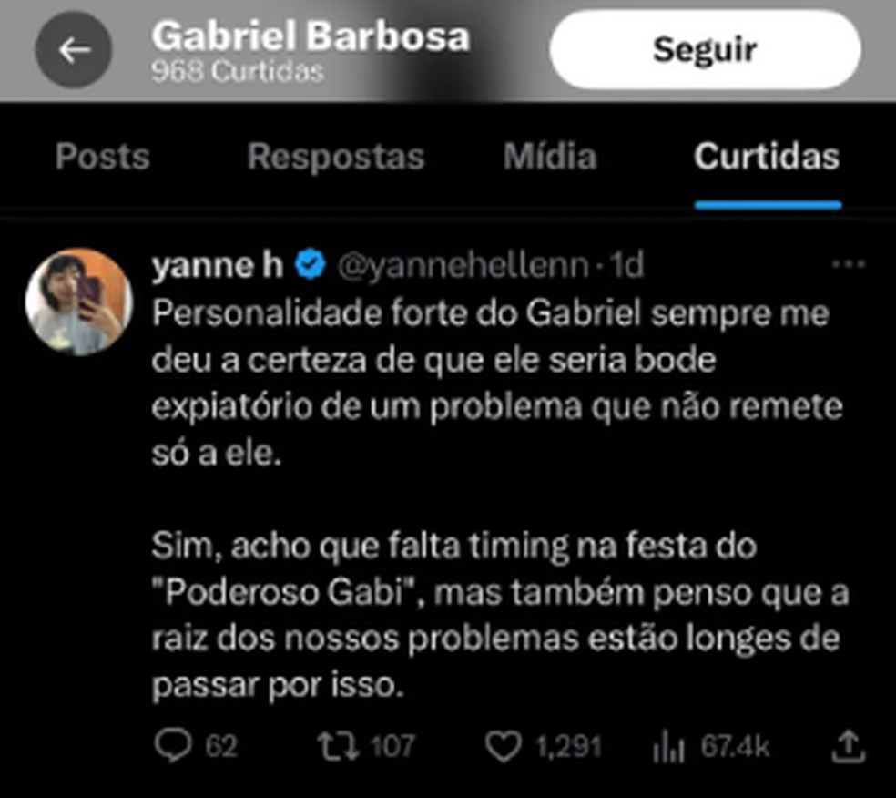 Gabigol curtiu post em que é descrito como 'bode expiatório' em meio a críticas ao Flamengo — Foto: Reprodução