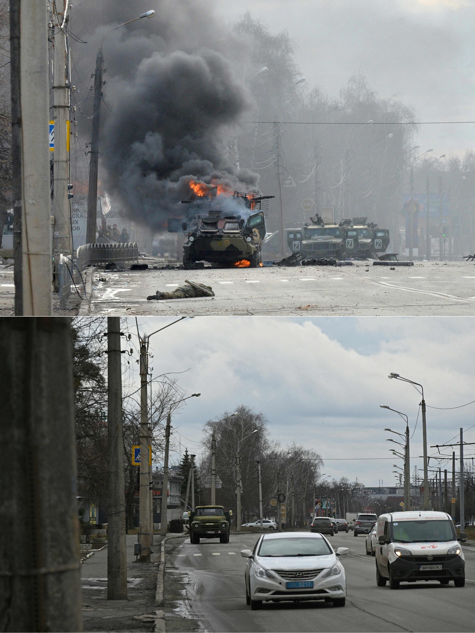 27/02/2022: Acima, um soldado no chão próximo a um veículo russo blindado em chamas, em Kharkiv. 08/02/2024: Abaixo, carros passam pela rua — Foto: SERGEY BOBOK