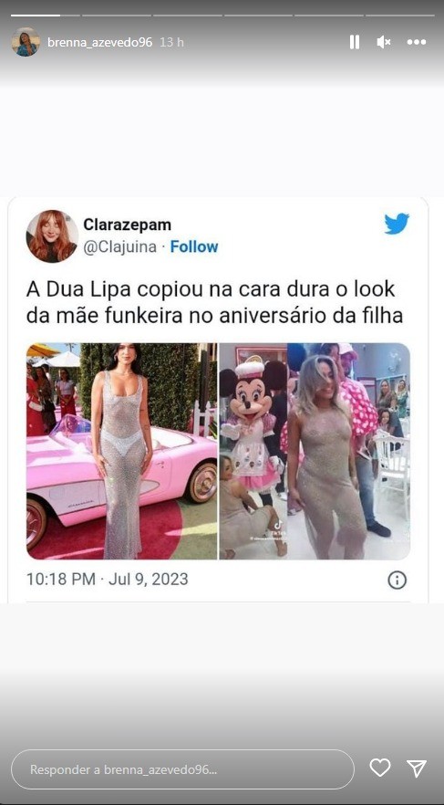 'Dua Lipa copiou': Brenna Azevedo compartilha no Instagram a brincadeira dos internautas brasileiros — Foto: Reprodução