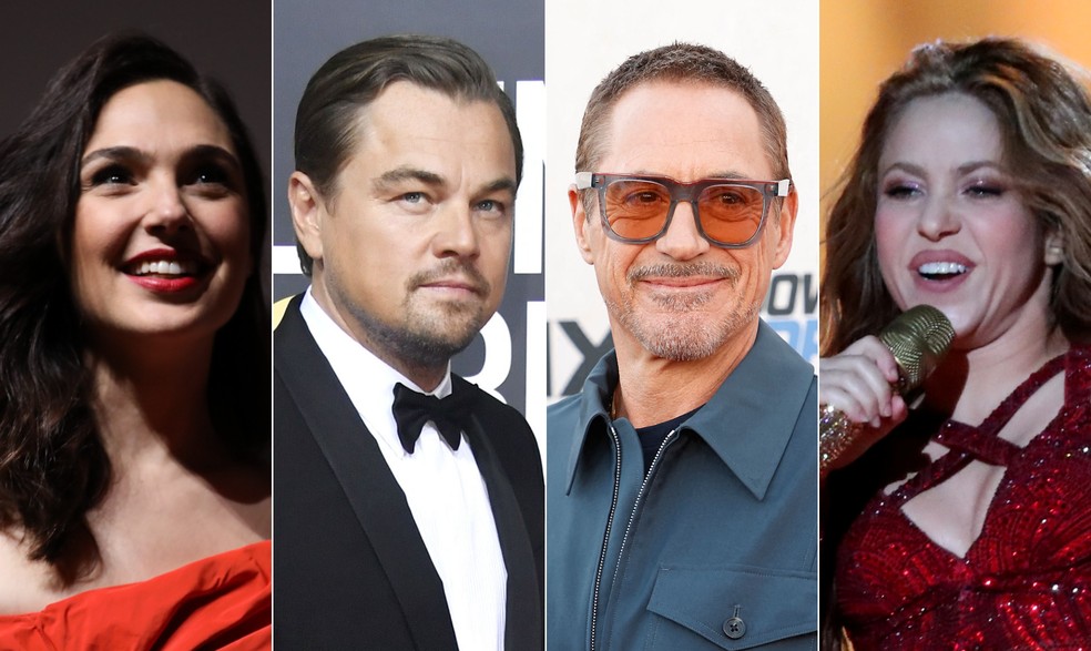 Gal Gadot, DiCaprio, Robert Downey Jr e Shakira — Foto: Reprodução e AFP