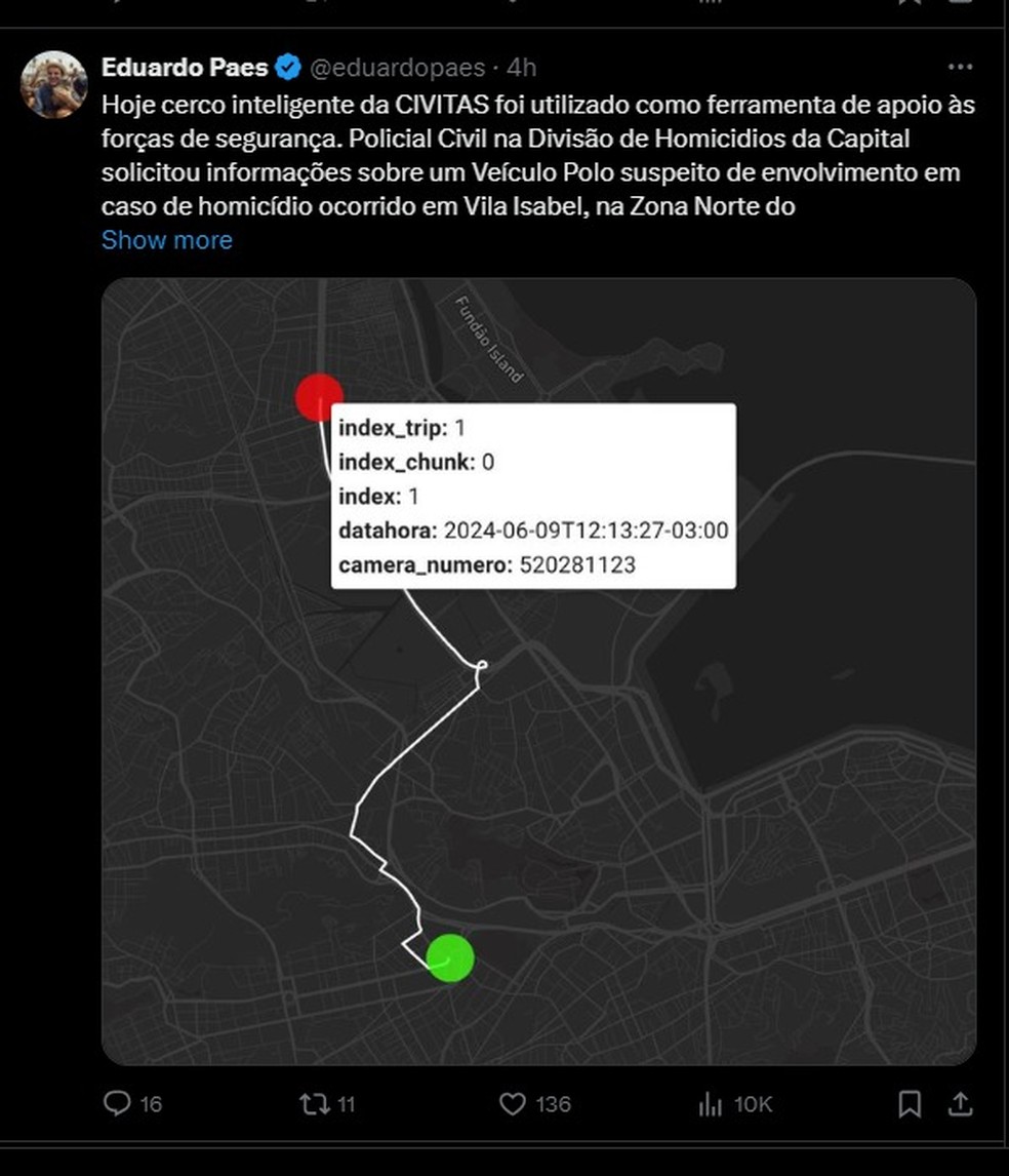 Publicação do prefeito do Rio, Eduardo Paes, na rede X sobre percurso de carro suspeito de ter sido usado em homicídio de comerciante em Vila Isabel, Zona Norte da cidade — Foto: Reprodução/Eduardo Paes/X
