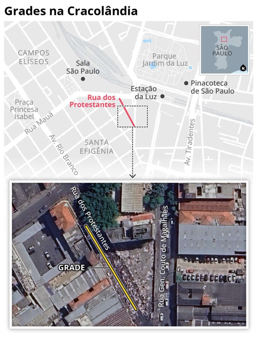 A localização das grades na Cracolândia — Foto: Editoria de Arte/O Globo