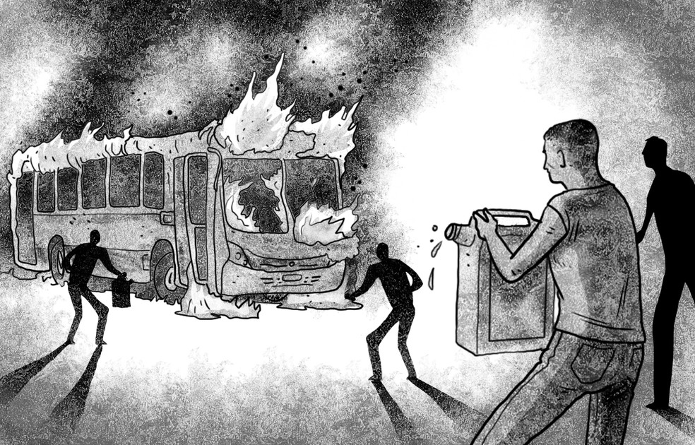 Ônibus é interceptado e incendiado na Avenida Brasil, interrompendo a circulação de veículos — Foto: Editoria de Arte