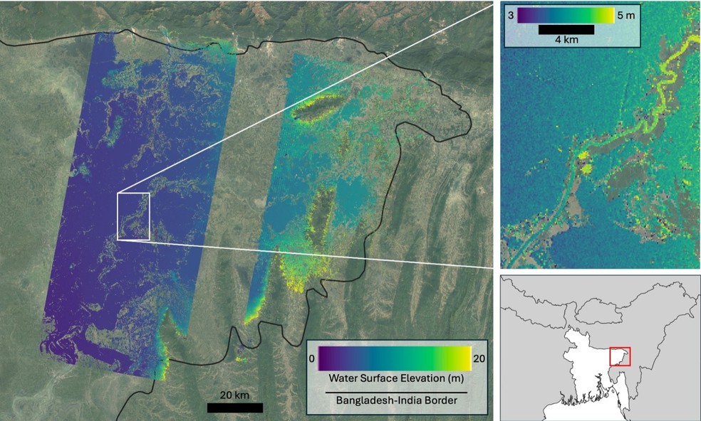 Análise de enchentes do SWOT — Foto: NASA/JPL-Caltech/UNC-Chapel Hill/Google Earth