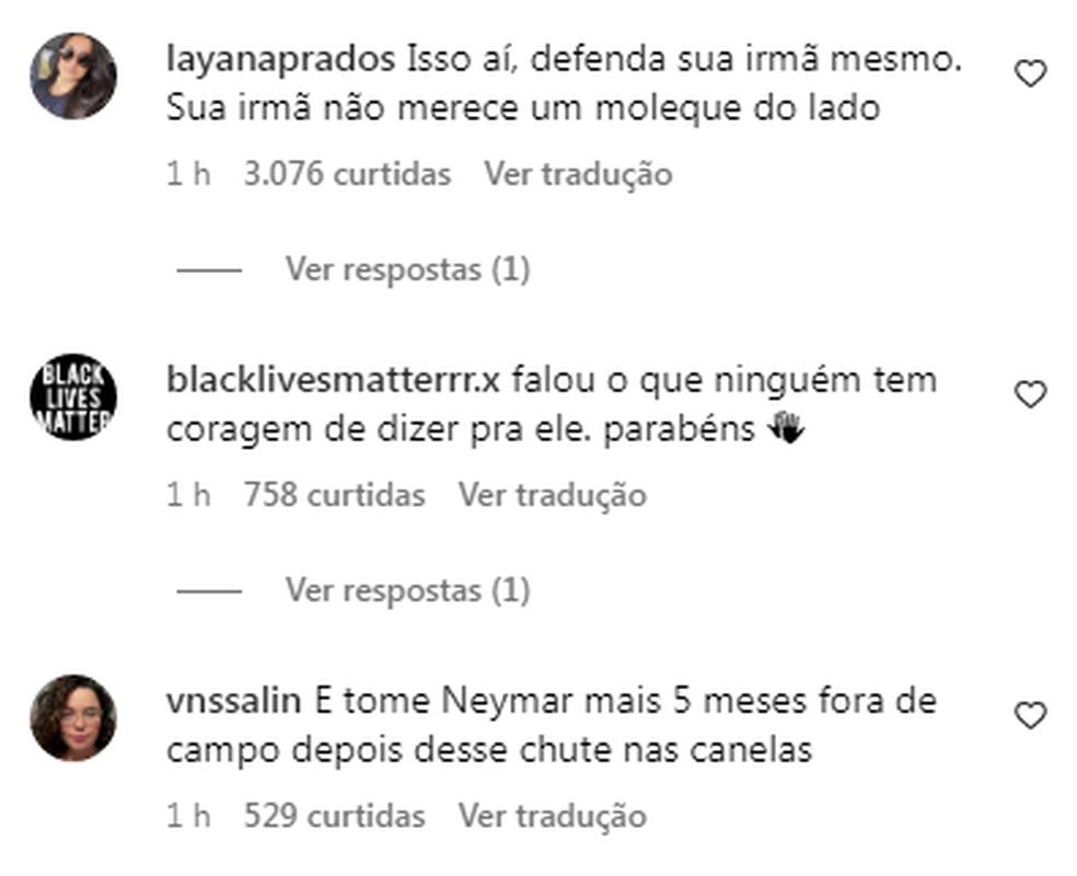 Nas redes sociais, usuários dão apoio a Bianca, cunhada de Neymar — Foto: Reprodução/Redes sociais