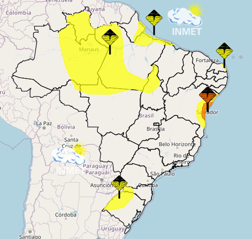 Mapa que aponta os alertas emitidos pelo Inmet — Foto: Reprodução